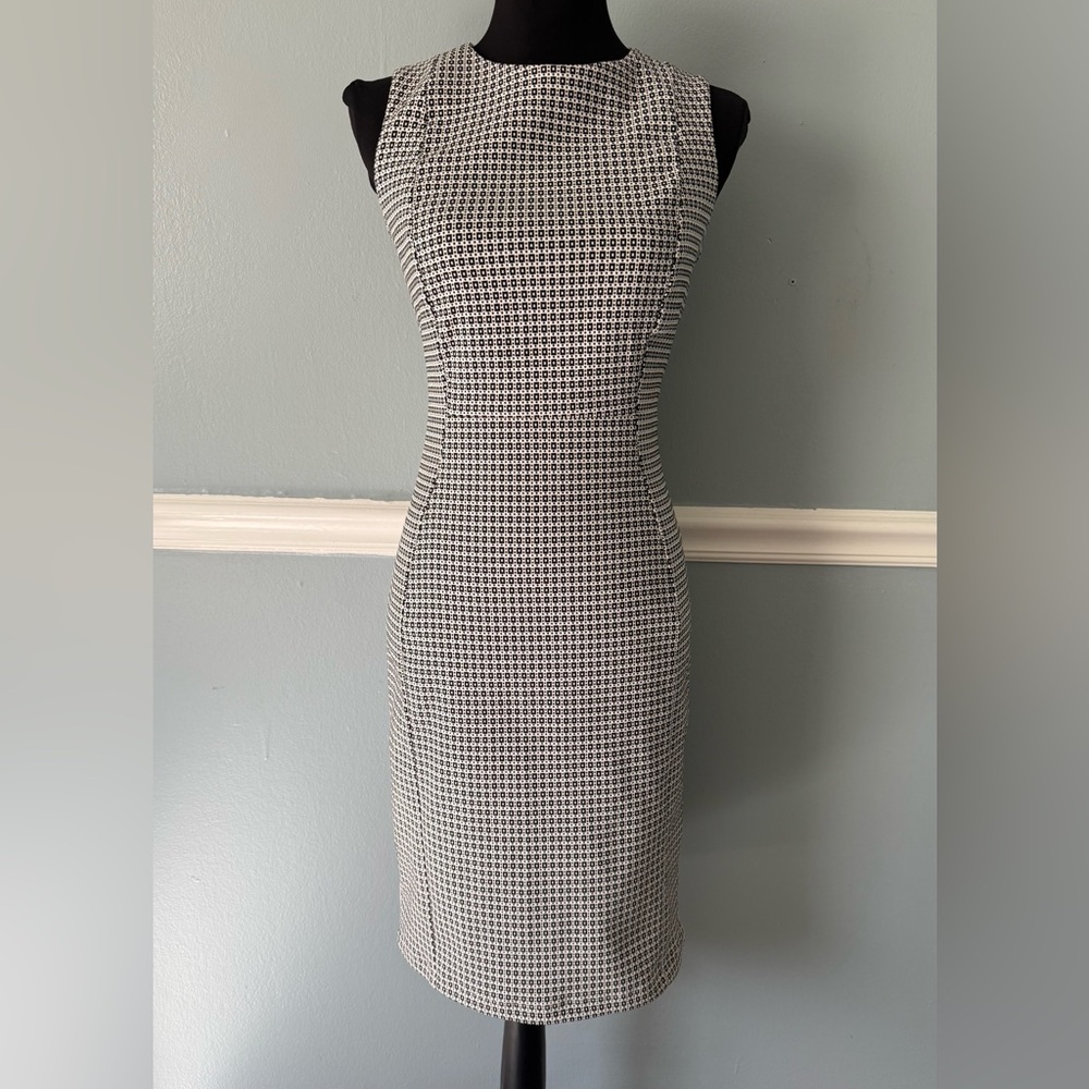 Calvin Klein Black and White Patterned Midi Sheath Dress 10